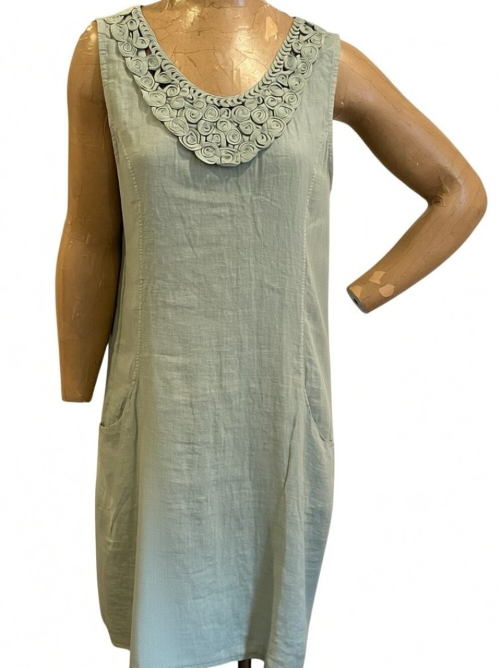 Lungo L'Arno Linen Dress Rosette Collar Pockets‎ Coastal Italy L Green #350H